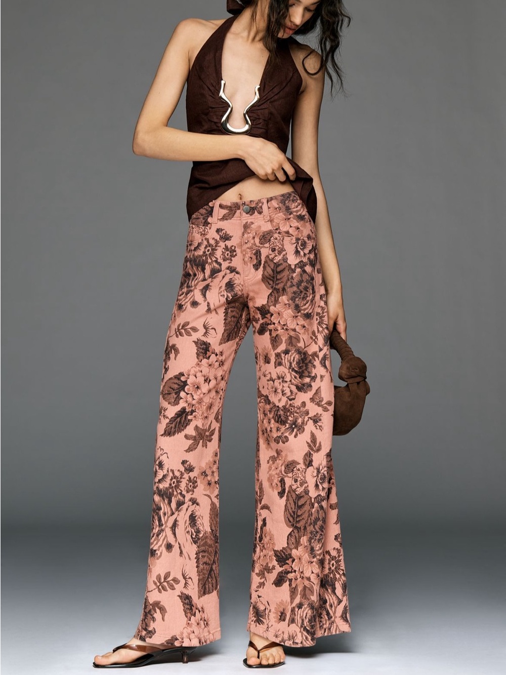 Anthropologie Pilcro Adi Mid-Rise Clean Hem Flare Pants in Pink Floral